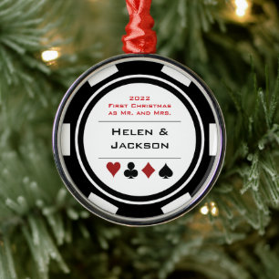 Poker Chip First Christmas Mr & Mrs Black White Metalen Ornament