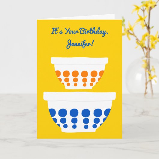  poladot mixing Bowls Custom Birthday Kaart (Gele Bloem)