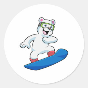 Polair beer als Snowboarder met Snowboard Ronde Sticker