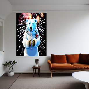Polair beer in uniform en vuurwerk   AI Art. Poster