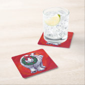 Polair Beer Kerstmis op rood Vierkante Kartonnen Onderzetter (Insitu)