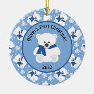 Polair Beer met Navy Blue Scarf en Snowflakes Keramisch Ornament