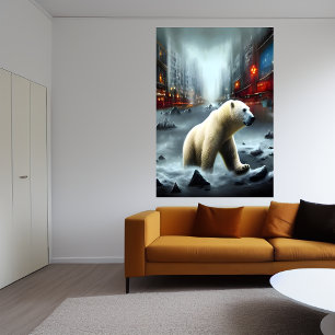 Polair beer, winter en stad AI Art Poster