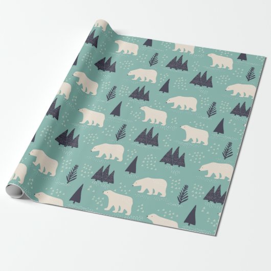 Polaire Beren en Evergreen Trees Winter Patterned Cadeaupapier (Uitgerold)