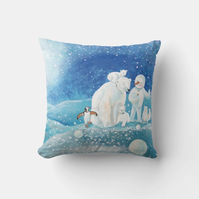 Polaire Beren, Polar Fox, Emperor pinguin en Snowm Kussen (Voorkant)
