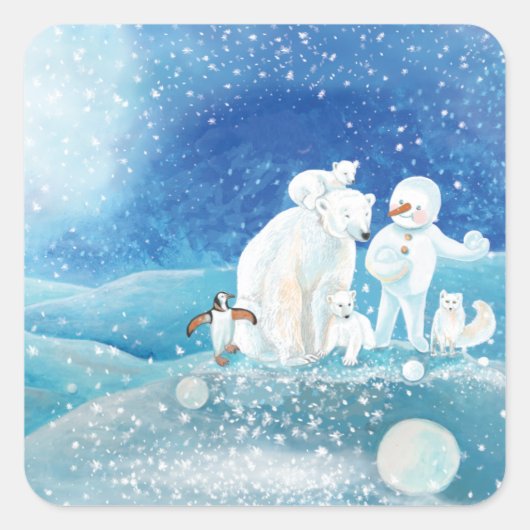 Polaire Beren, Polar Fox, Emperor pinguin en Snowm Vierkante Sticker (Voorkant)