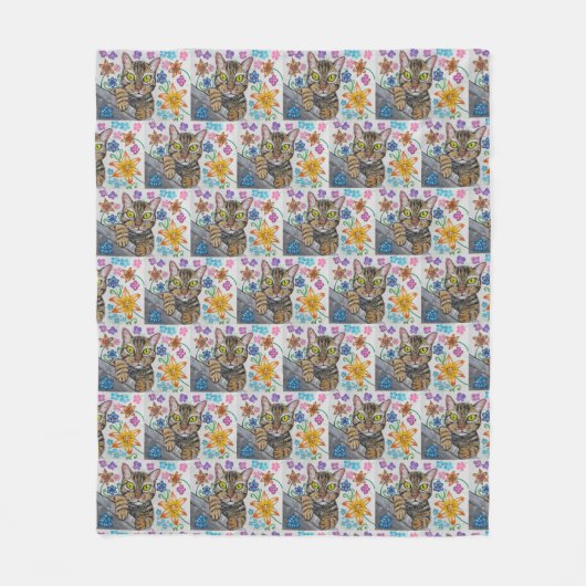 Polaire Chat tigré et couverture de fleurs  (Devant)