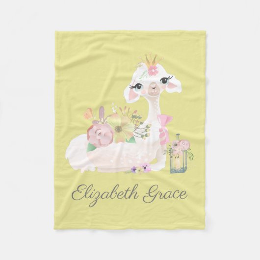 Polaire Couverture bébé lama jaune et blanc avec fleurs (Devant)