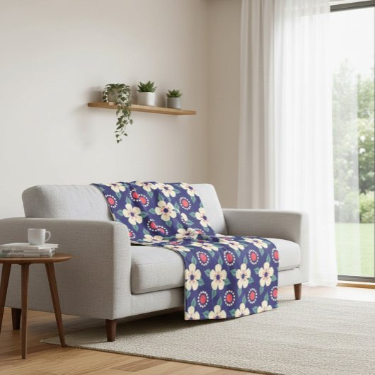 Polaire Couverture bleu marine avec fleurs de crème