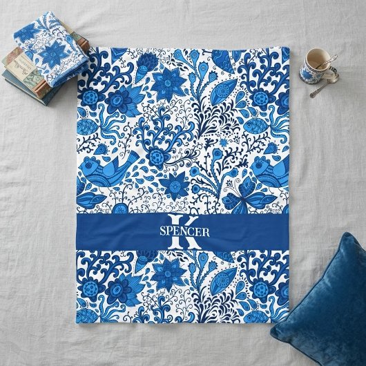 Polaire Couverture en molleton à monogramme bleu et blanc