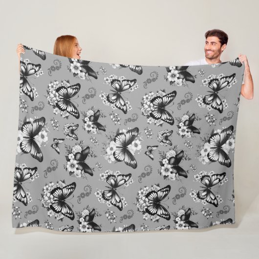 Polaire Couverture en molleton à motif de papillon gris (En situation)