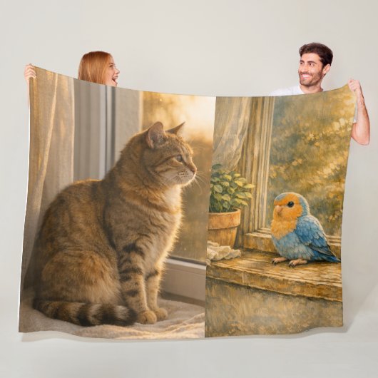 Polaire Couverture en molleton confortable Chat & Oiseau C (En situation)