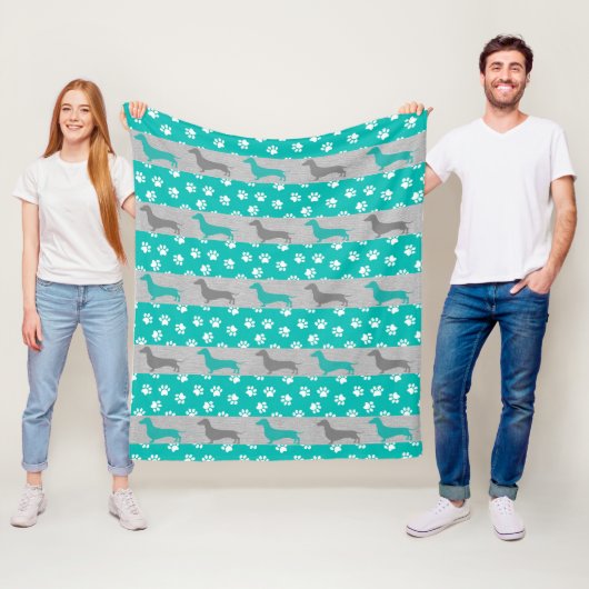 Polaire Couverture en toison turquoise et gris Dachshund (En situation)