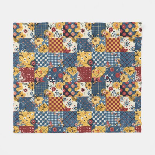 Polaire Couverture Patchwork Gingham Floral Bleu Jaune Rou (Devant (Horizontal))