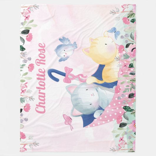 Polaire Couverture pour fille avec fleurs roses et chatons (Devant)