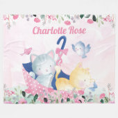 Polaire Couverture pour fille avec fleurs roses et chatons (Devant (Horizontal))