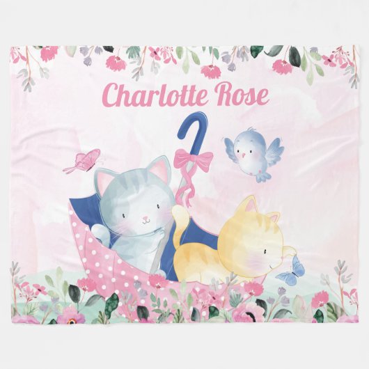 Polaire Couverture pour fille avec fleurs roses et chatons (Devant (Horizontal))