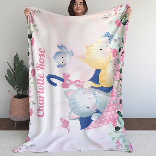 Polaire Couverture pour fille avec fleurs roses et chatons