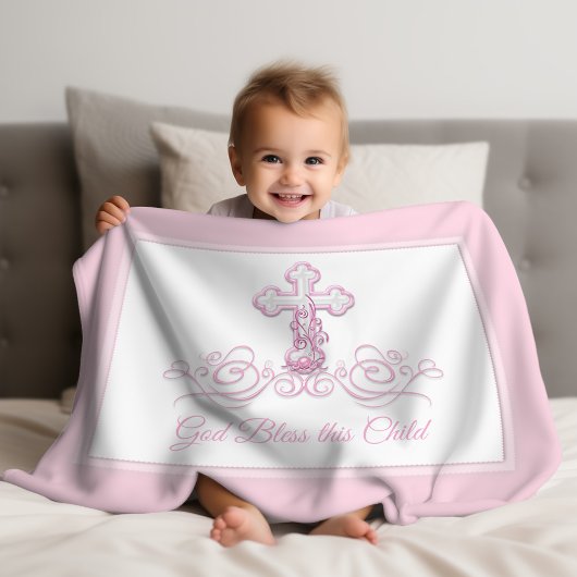 Polaire Croix rose Bébé fille Baptême couverture