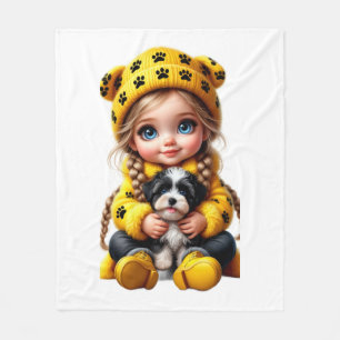Polaire Jolie Fille avec Chien Jaune Couverture