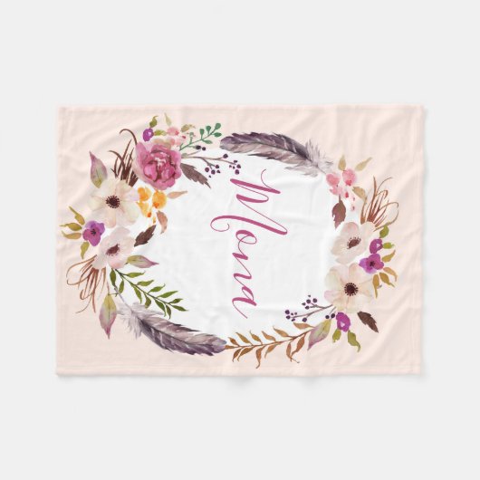 Polaire Plumes Boho aquarelle customisée couverture (Devant (Horizontal))