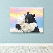 Polar and Black bear hugging Canvas Afdruk (Insitu (Houten vloer))