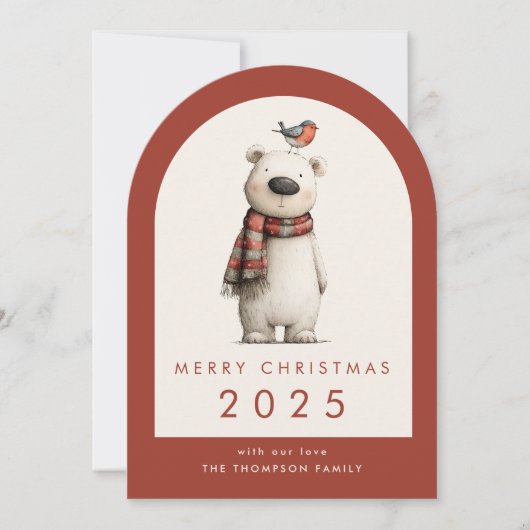 Polar Bear and Robin  Merry Christmas Arch Feestdagenkaart (Voorkant)