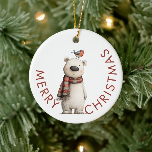 Polar Bear and Robin Merry Christmas Keramisch Ornament (Boom)