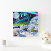 Polar Bear Cubs & Aurora Earth Day Clock Vierkante Klok (Huis)