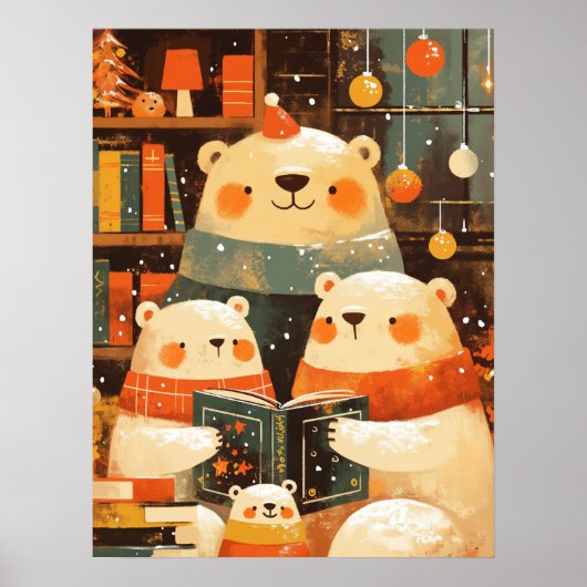 Polar Bear Family Reading Together on Christmas Poster (Voorkant)