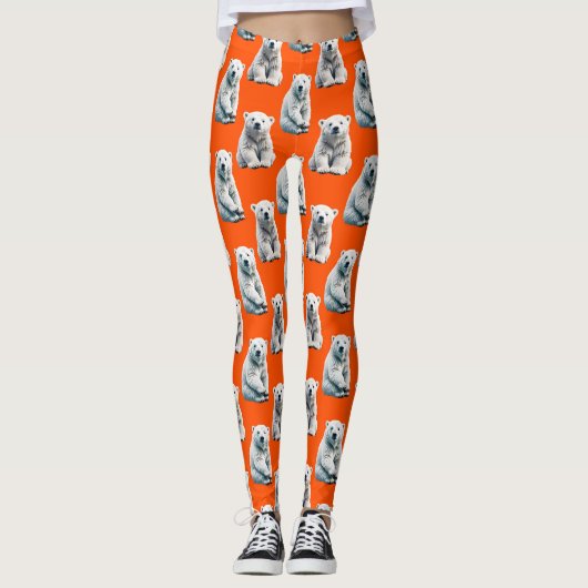 Polar Bear Pattern Design On Orange Leggings (Voorkant)