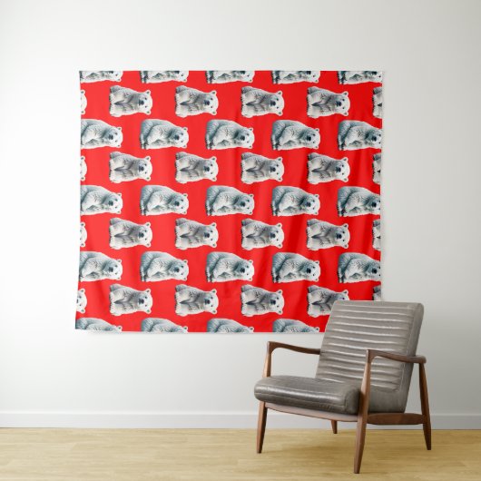 Polar Bear Pattern Design On Red  Wandkleed (In Situ (horizontaal))