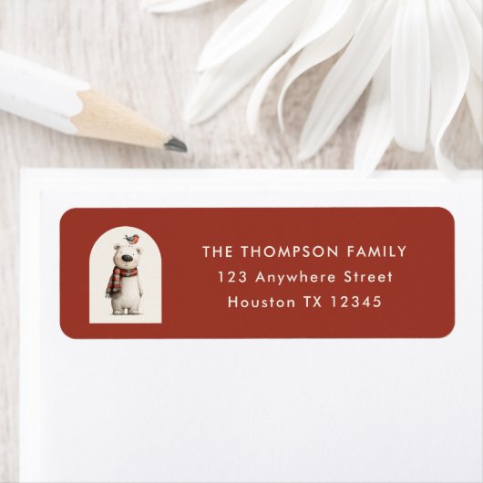 Polar Bear Robin Christmas Return Address Etiket (Insitu)