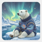 Polar Bear Sitting Under Northern Lights Vierkante Sticker (Voorkant)