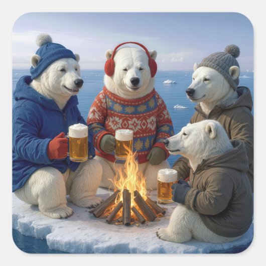 Polar Bears Drinking Around a Campfire Vierkante Sticker (Voorkant)