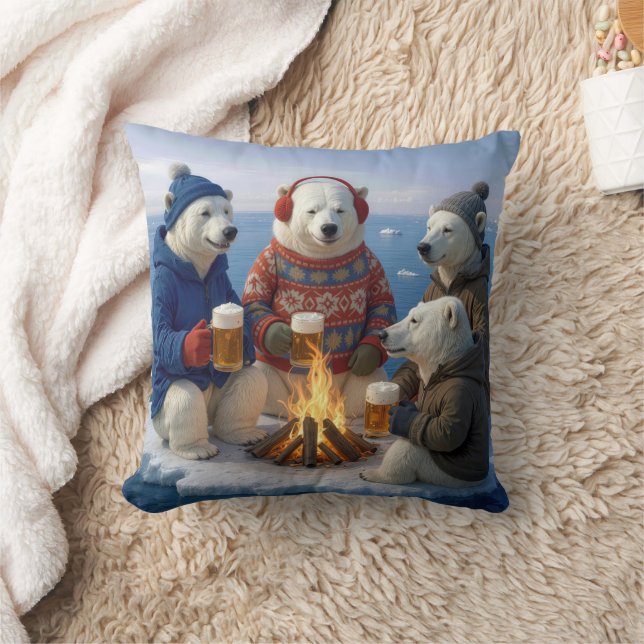 Polar Bears Drinking Beer Around a Campfire  Kussen (Deken)