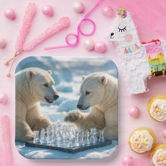 Polar Bears Playing Chess On a Glacier Papieren Bordje (Feest)