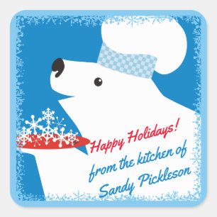 Polar beer chef-kok serveren sneeuwvlokken kerst vierkante sticker