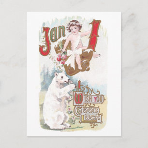 Polar Beer en Baby nieuwjaar Vintage Feestdagenkaart