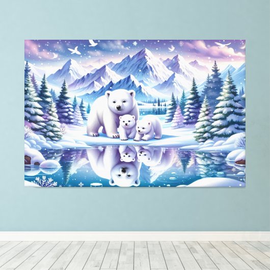 Polar Beer Familie Snowy Scene Schilderen Canvas Afdruk (Insitu (Houten vloer))