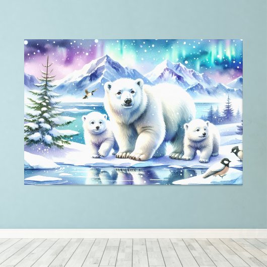 Polar Beer Familie Snowy Scene Schilderen Canvas Afdruk (Insitu (Houten vloer))