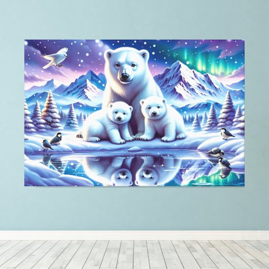 Polar Beer Familie Snowy Scene Schilderen Canvas Afdruk (Insitu (Houten vloer))