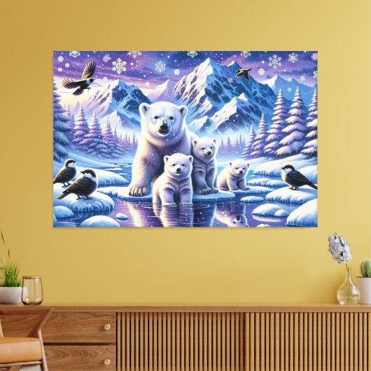 Polar Beer Familie Snowy Scene Schilderen Canvas Afdruk (Insitu (Woonkamer))