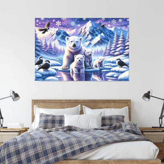 Polar Beer Familie Snowy Scene Schilderen Canvas Afdruk (Insitu (Slaapkamer))