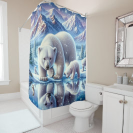 Polar Beer Familie Snowy Scene Schilderen Douchegordijn