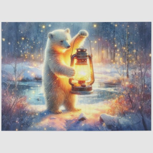 Polar Beer met Lantaarn in Winter Forest Decoupage Tissuepapier (Voorkant)
