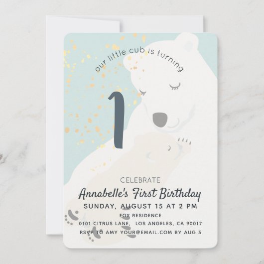 Polar Beer Mom & Cub Blauw 1e verjaardag Uitnodigi Kaart (Voorkant)