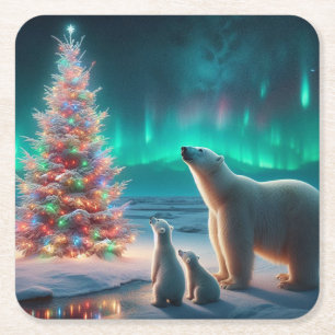 Polar Beer Mom Cubs Kerstboom Aurora Borealis Vierkante Kartonnen Onderzetter