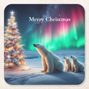 Polar Beer Mom Cubs Kerstboom Noorderlicht Vierkante Kartonnen Onderzetter