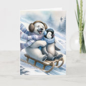 Polar Beer Sledding met een pinguïn Feestdagen Kaart (Voorkant)